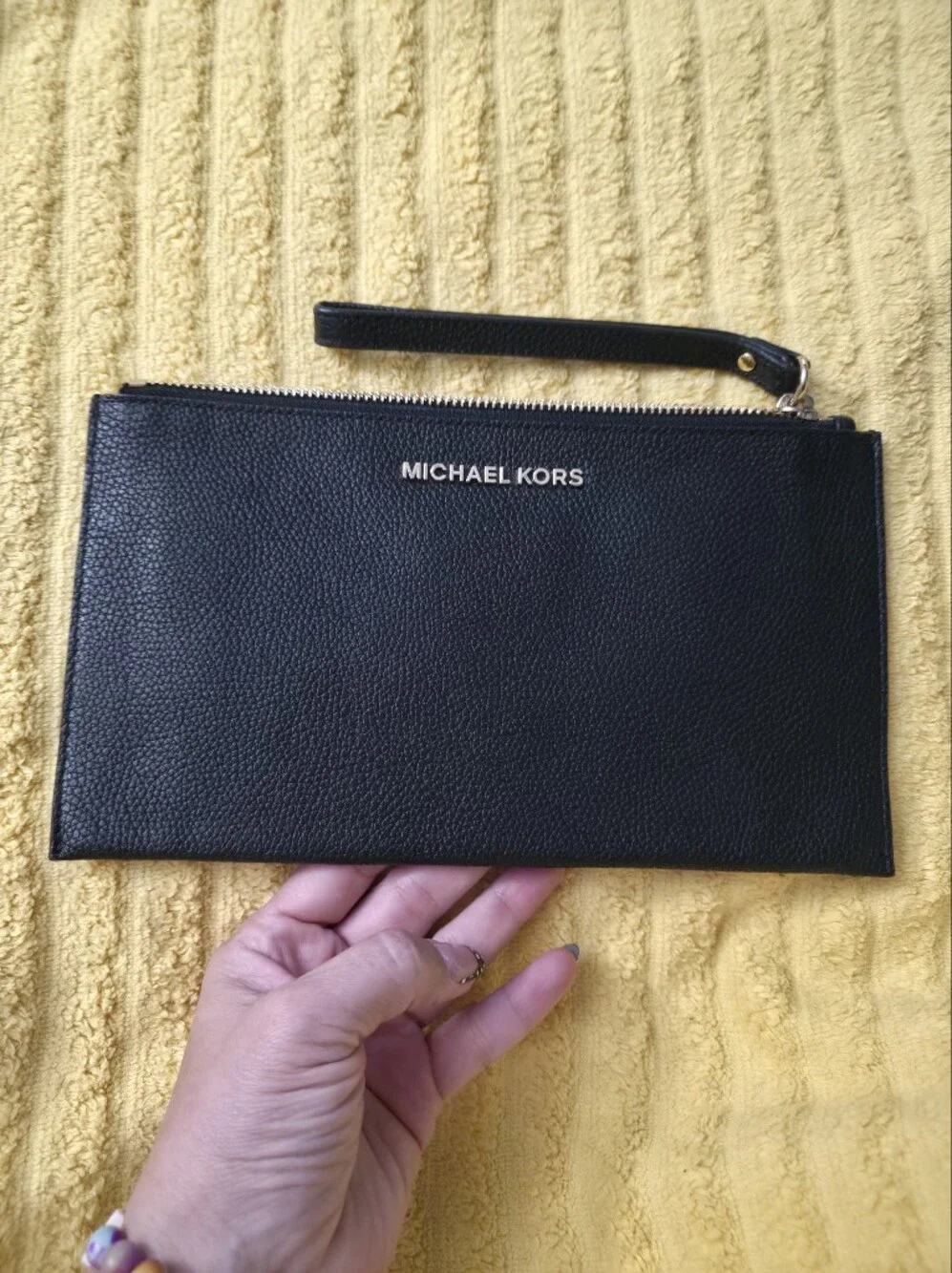 Michael Kors Black Pebbled Leather Wristlet with Gold Logo